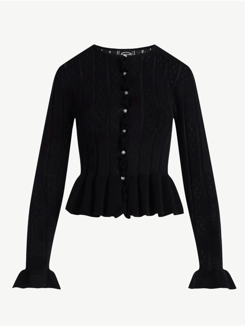 Black Ruffled Hem Button-Up Knit Cardigan